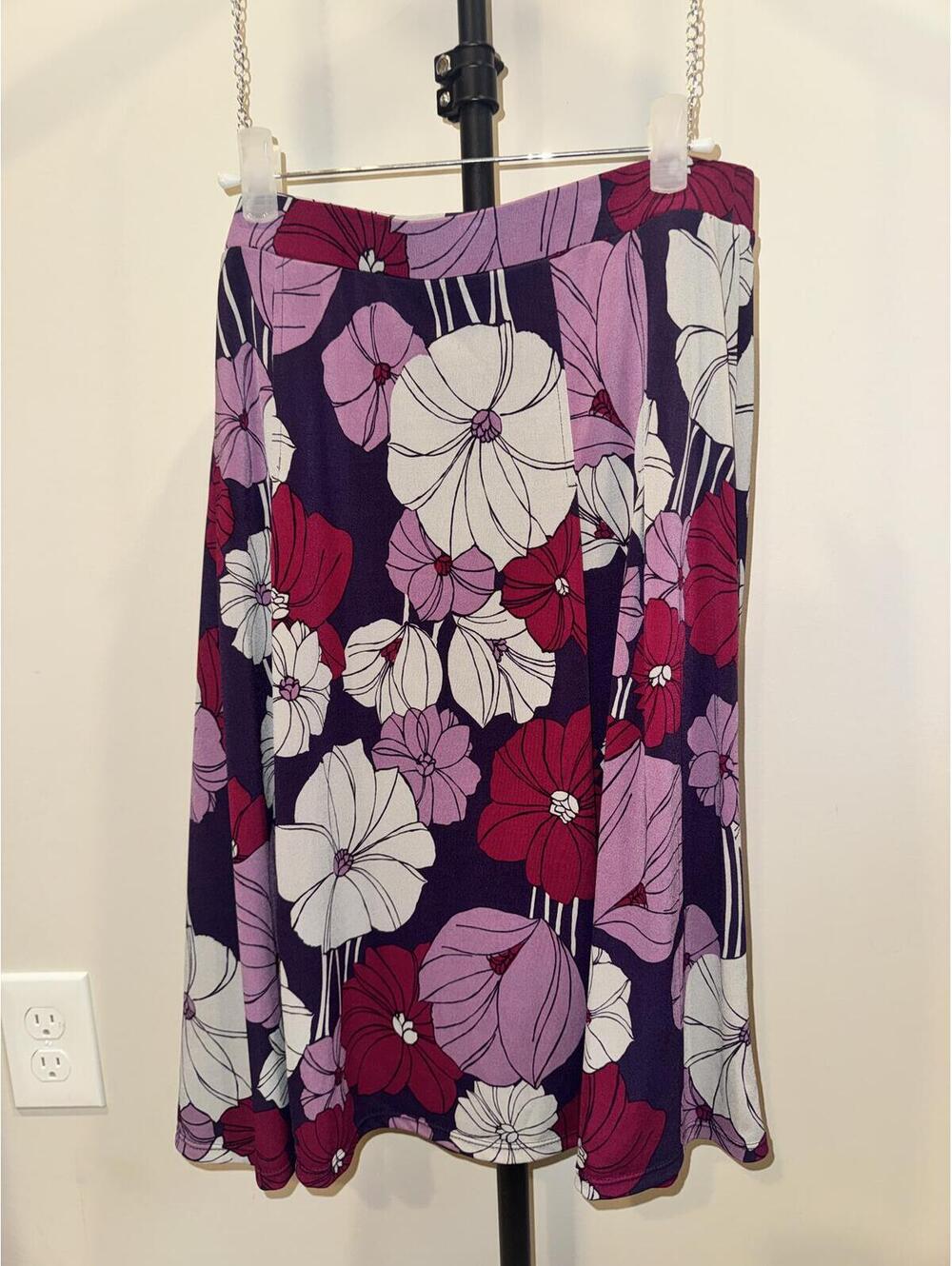 George Stretch Purple Pink Floral Midi Skirt Y2K Retro Mod Women’s M